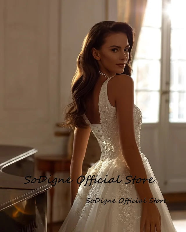 SoDigne A-line Tulle Wedding Dresses Square Collar Sleeveless Appliques Bridal Dress Bride Gown Robe De Mairee Customized 