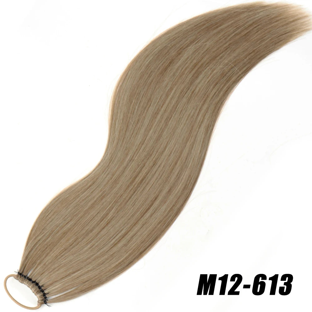 Synthetic 24Inch Ponytail Extensions Black Natural Braided Pony Tail Hairpiece Long Straight Rubber Band Hair For Women