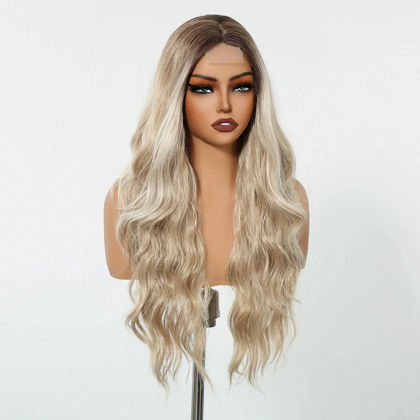 Synthetic Lace Hairline Wigs Platinum Blonde Highlight Long Wavy Lace Forehead Wig Hand Crochet Wigs for Women Heat Resistant