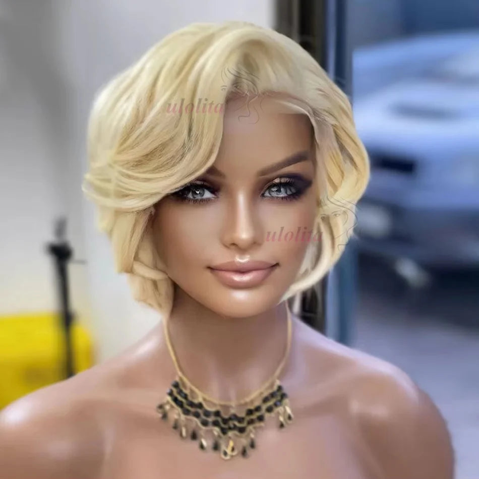 Pixie Cut Wig Brazilian 613 blonde Straight Side Part Wig 13x4 Short Bob HD Transparent Lace Front Human Hair Wig For Women