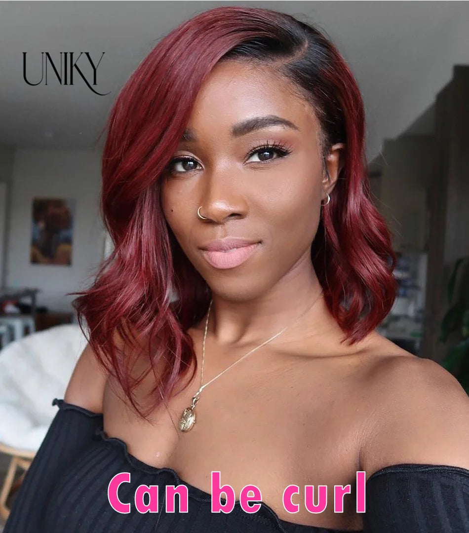 T1B/99j Burgundy Red Straight Bob T Part Lace Front Human Hair Wig For Women Colored Brazilian Remy Hair Natural Wig