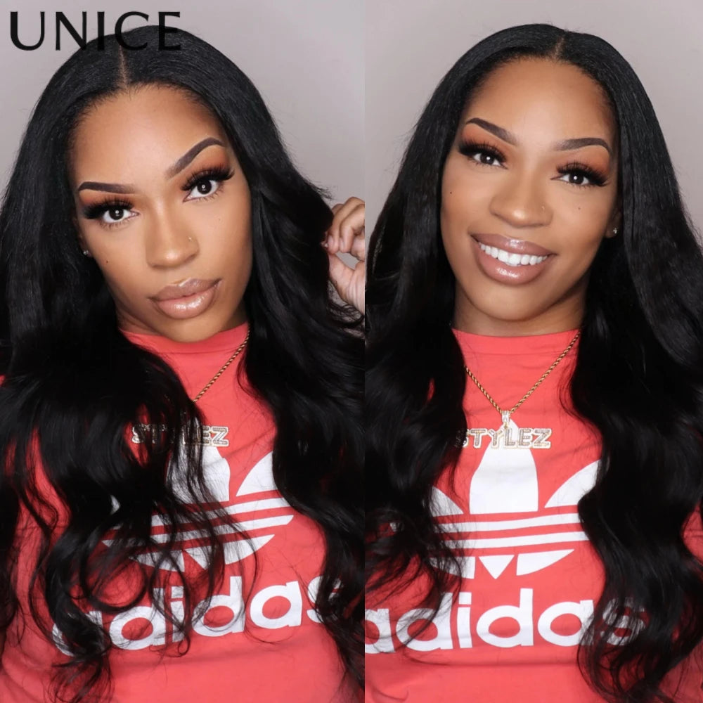 Unice Hair Chestnut Brown Ombre Body Wave V Part Wig With Drawstring Human Hair Glueless Wig Minimal Leave Out Beginner Friendly