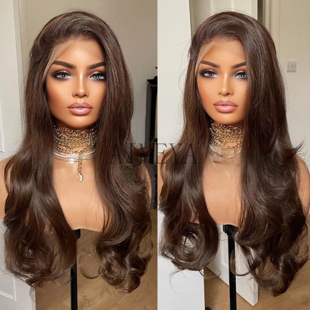 AIMEYA Long Brown Wigs for Women Synthetic Lace Wig Body Wave Lace Front Wigs Heat Resistant Cosplay Natural Hairline Daily Use