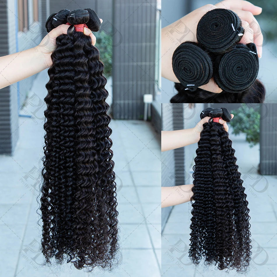 PD 30 32 36 40 Inch Deep Wave Human Hair Bundles Brazilian Remy Unprocessed Weaving Curly Hair Bundles Weave Extensions Deals