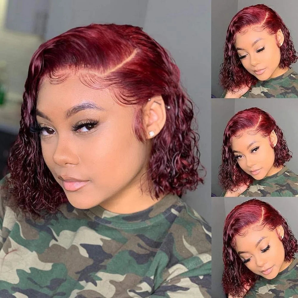 99J Burgundy Curly Wigs Brazilian 13x4 Full Lace Frontal Human Hair Wig 200% Density Colored Water Wave Short Bob Wig Human Hair