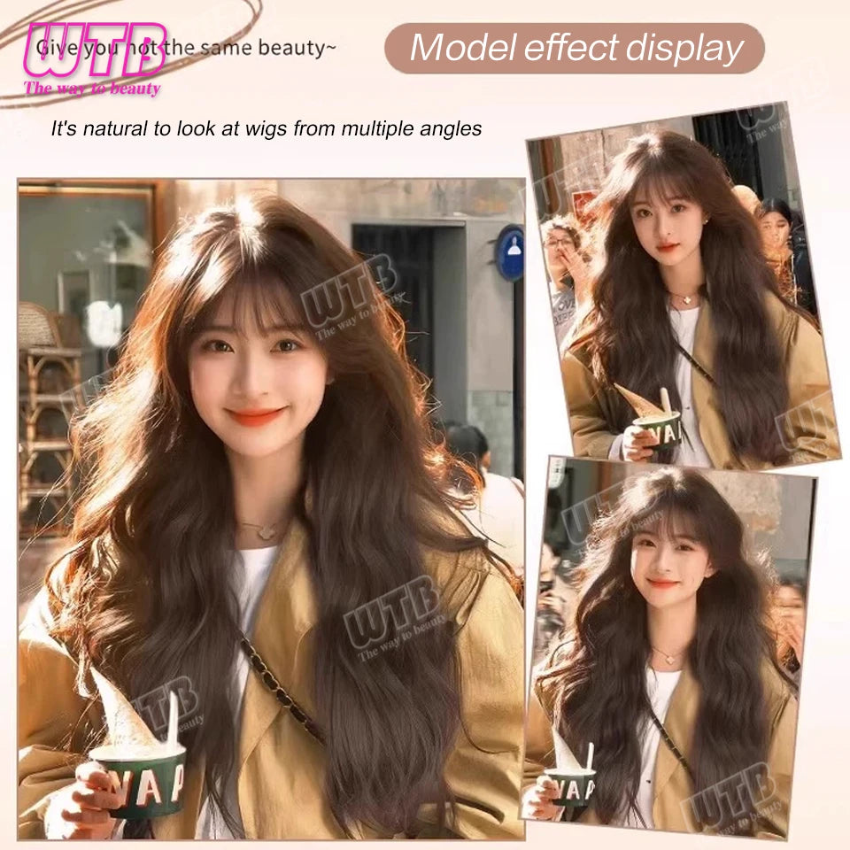 60cm Synthetic Middle Part Topper Hairpiece with Bangs Clip-In Bangs Extension Natural Invisible Clourse Hairpiece for Women