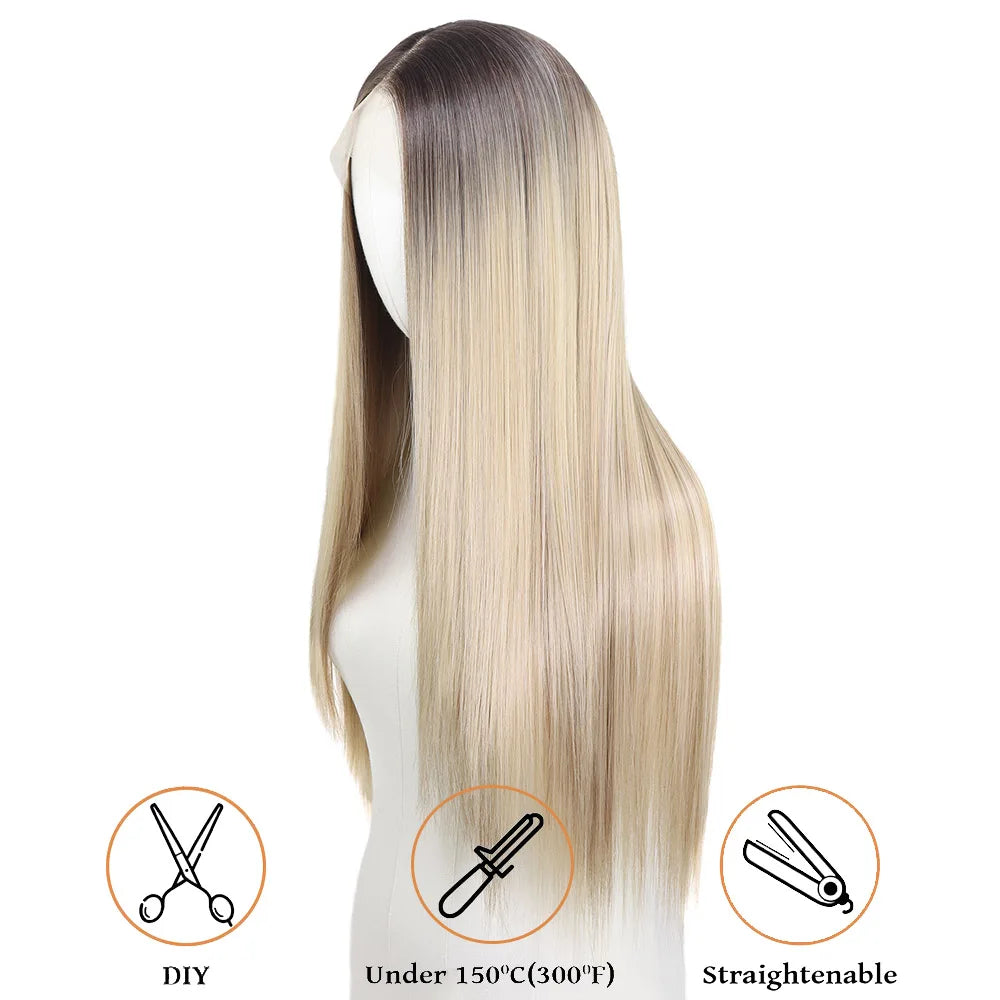 30 Inch Highlight Blonde Synthetic Lace Front Wigs Dark Roots Straight Long Ombre Ash Blonde Pre Plucked Colored Wigs for Women