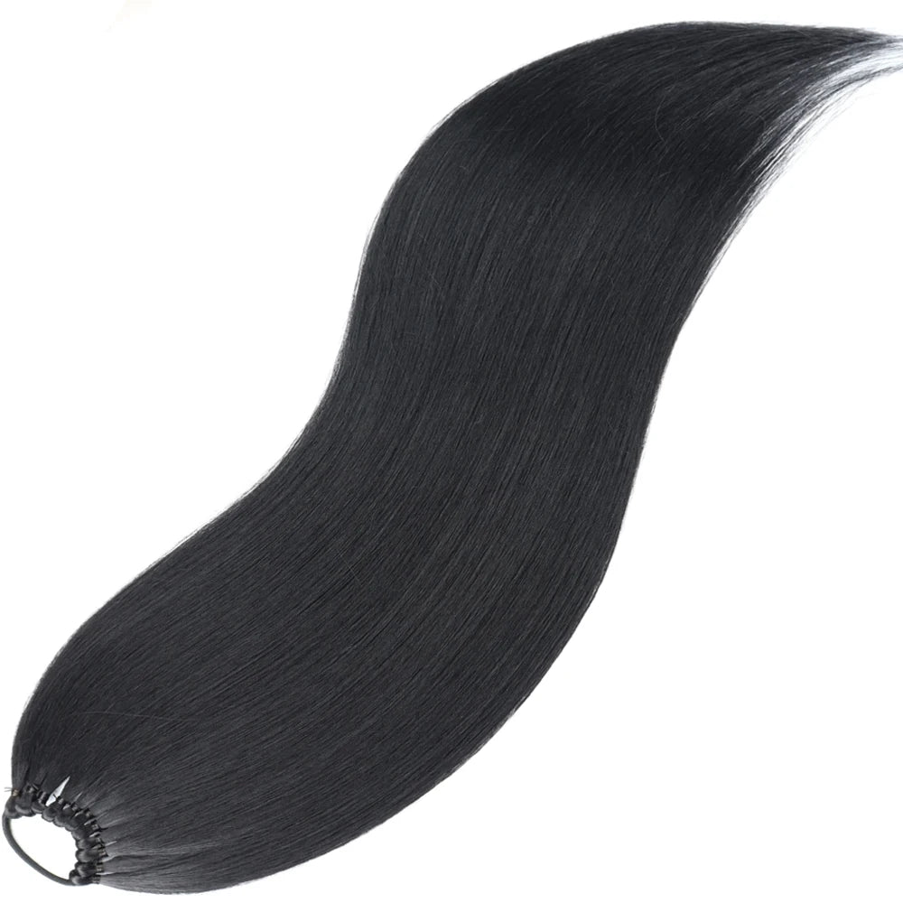 Synthetic 24Inch Ponytail Extensions Black Natural Braided Pony Tail Hairpiece Long Straight Rubber Band Hair For Women