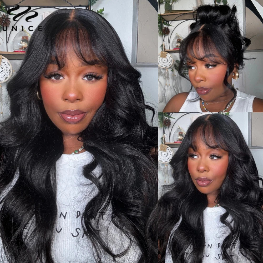 Unice Hair Pre Cut Pre Bleached 7x5 Loose Wave Wig With Bangs Wear Go Glueless Wig Pre Plucked Lace Front Human Hair Wig