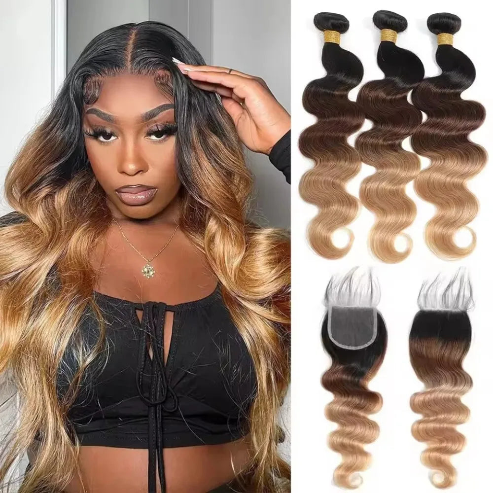 Ombre Color Body Wave Human Hair Bundles With Closure Brazilian Virgin Hair Bundles 1b/4/27 1b/4/30 Hair Weave Bundle Human Hair