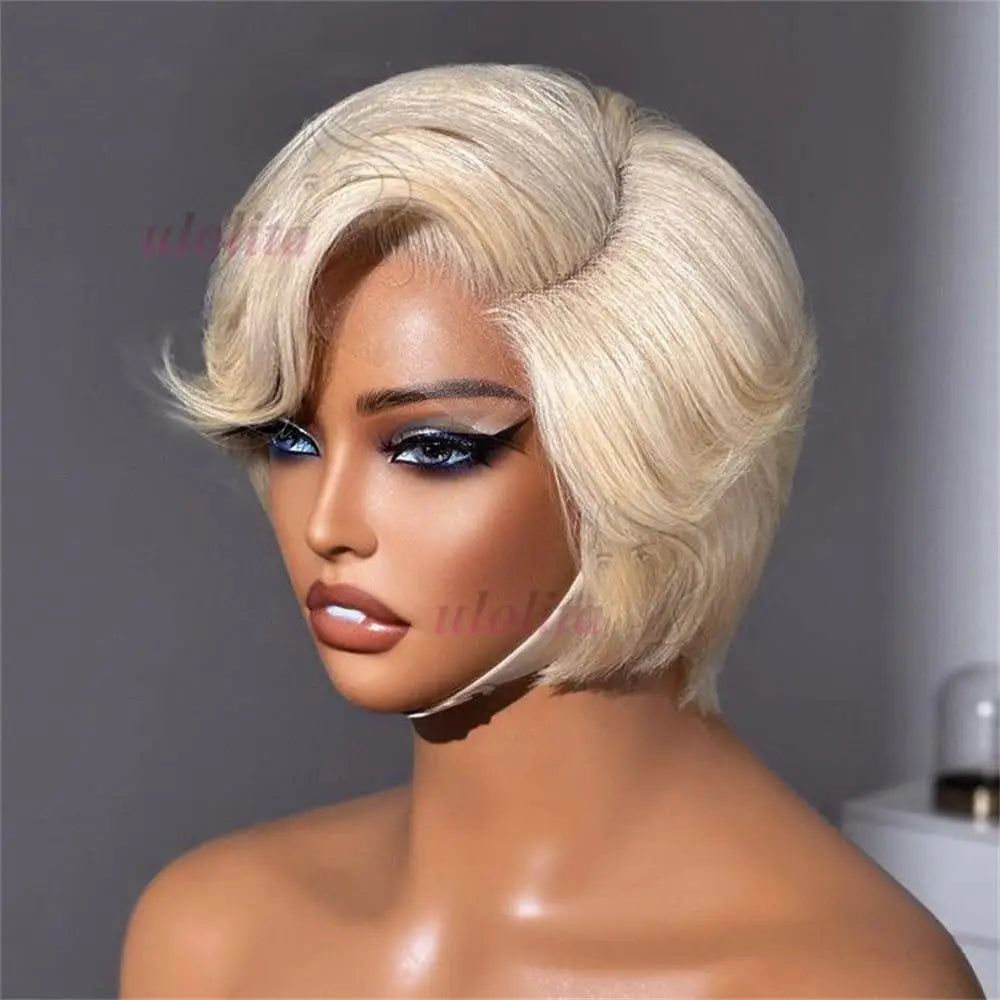 Pixie Cut Wig Brazilian 613 blonde Straight Side Part Wig 13x4 Short Bob HD Transparent Lace Front Human Hair Wig For Women