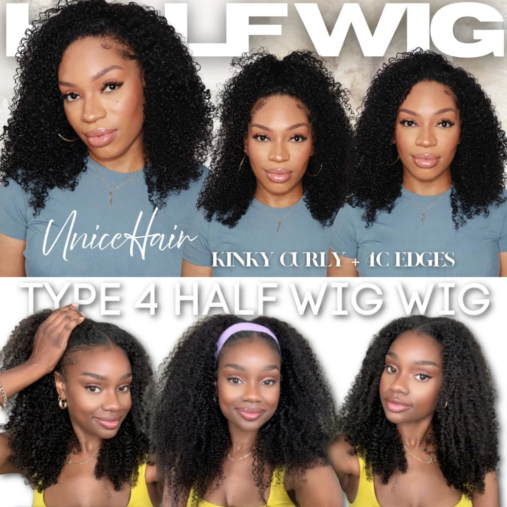 UNice Hair New 4C Blend Edges Kinky Curly Half Wigs With Drawstring 100% Human Hair Glueless Flip Over Wig No Leave Out