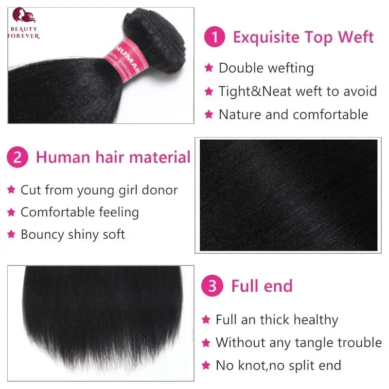 Beautyforever Real Natural 100% Human Hair Bundles Yaki Straight High Quality Brazilian Remy Human Hair Weft 3 Bundles