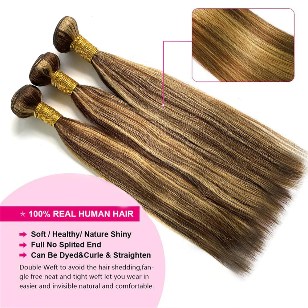 12A Highlight Bundles Straight Human Hair Bundles P4/27 Colored Ombre Honey Blonde Bundles Brazilian Hair Extensions Hair Weaves