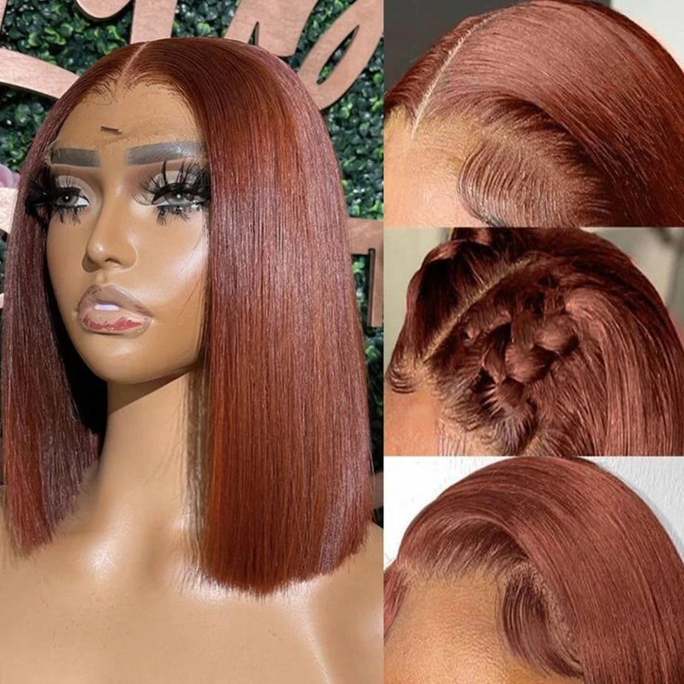 Rebecca Short Brown Color Bob Wig Peruvian Straight Lace Front Human Hair Wigs For Women 33 Reddish Brown 13*6*1 T Lace Part Wig