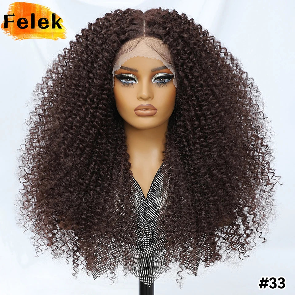Long Afro Kinky Curly Synthetic Wig 24 Inch Jerry Curl Deep Part Lace Front Wigs For Female Ombre Blue Copper 613 Highlight Wigs