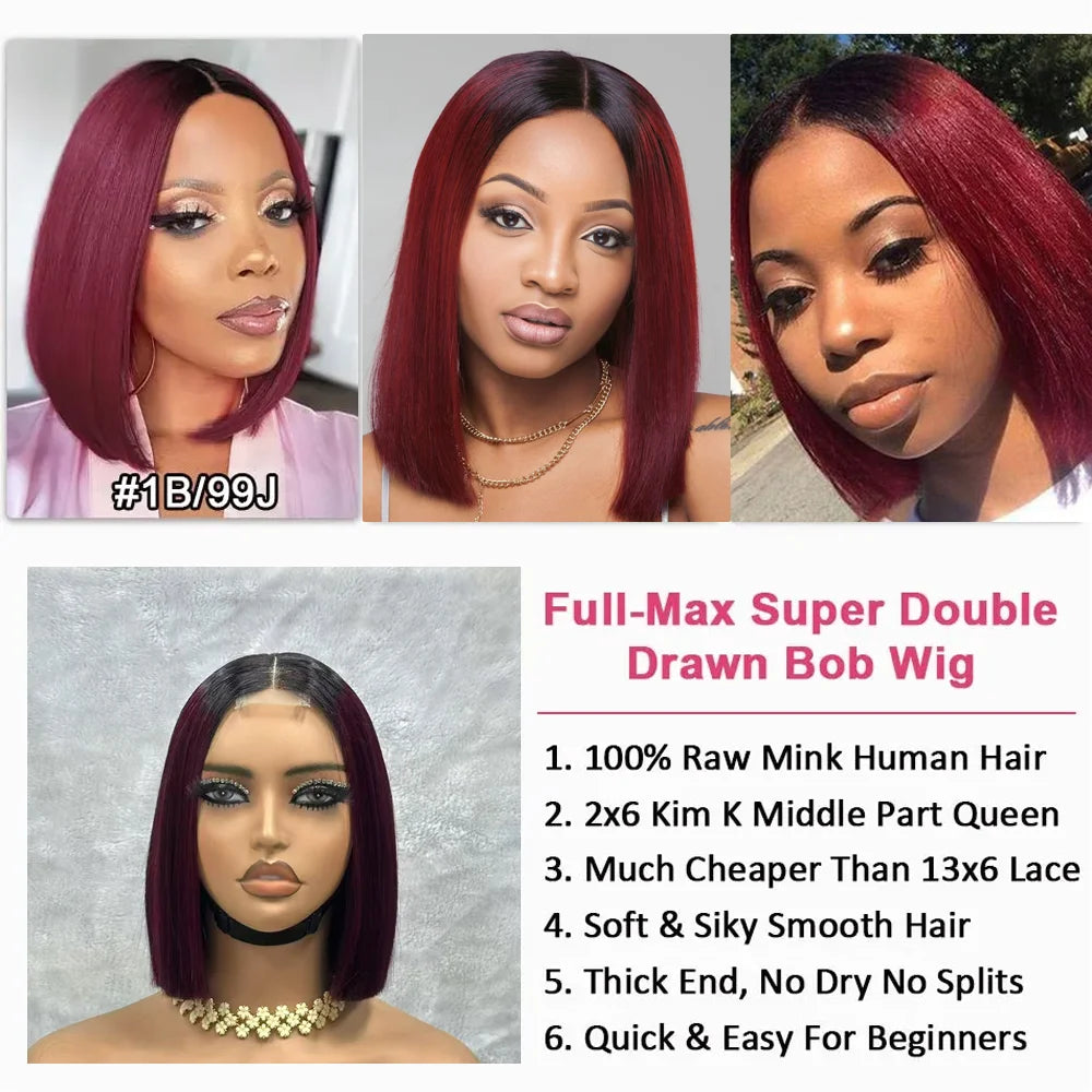2x6 Vietnam Raw Bone Straight Bob Wig Human Hair 2x6 Lace Closure Bob Wigs T1B-99J Color Short Bob Glueless Wigs for Black Women