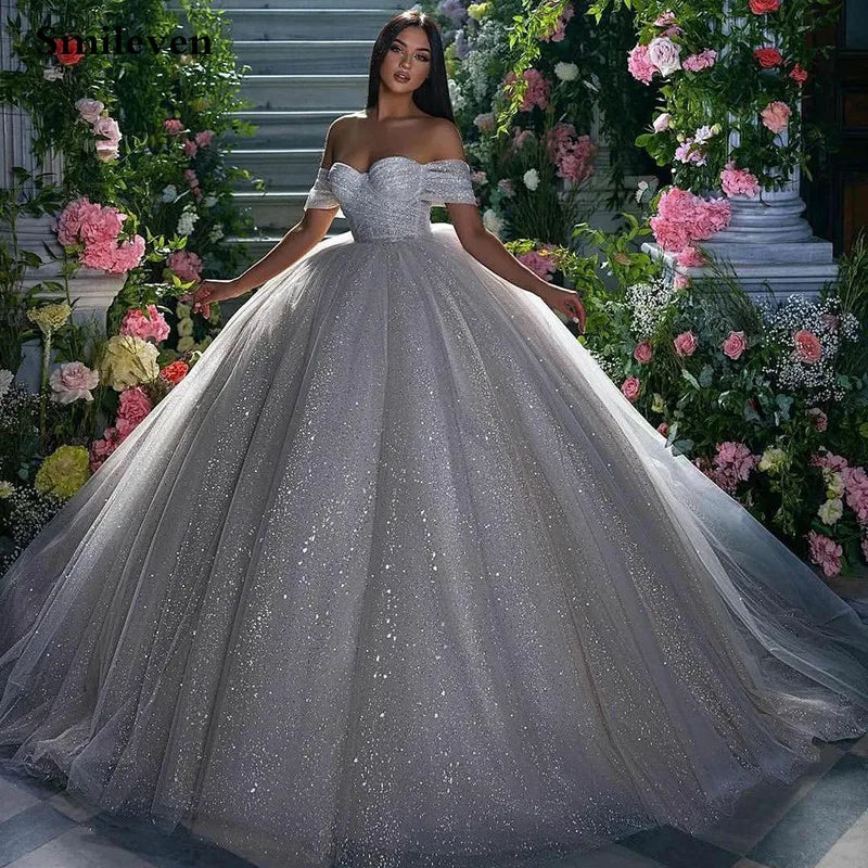 Smileven Princess Wedding Dress Ball Gowns Glitter Tulle Sweetheart Bride Dresses Robe De Mariee Off The Shoulder Wedding Gowns