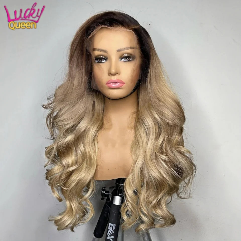 Ombre Blonde 13X4 Transparent Lace Front Human Hair Wig Brown Root Body Wave Ash Blonde 5X5 Closure Wig Pre Plucked