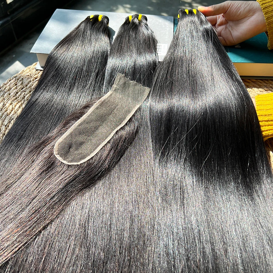 Bone Straight Double Drawn Human Hair Bundles With 2x6 HD Lace Closure Preplucked #1B Raw Virgin Human Hair Weaving Extensions