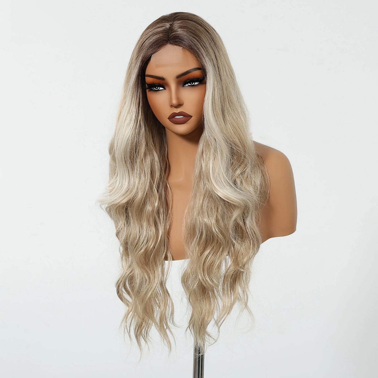 Synthetic Lace Hairline Wigs Platinum Blonde Highlight Long Wavy Lace Forehead Wig Hand Crochet Wigs for Women Heat Resistant