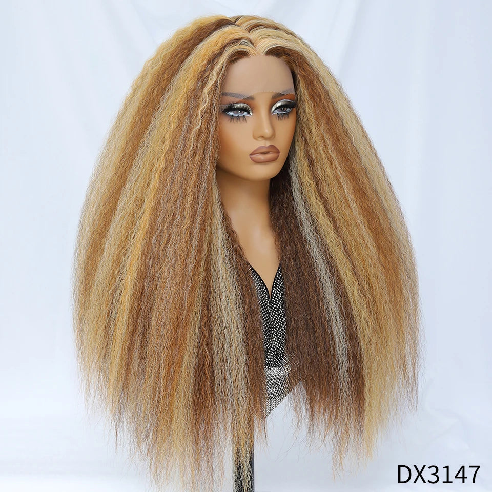 28 Inch Kinky Straight Lace Wigs Synthetic Black T Part Yaki Straight Lace Front Wigs For Women Brown Afro Wigs With Hair Line