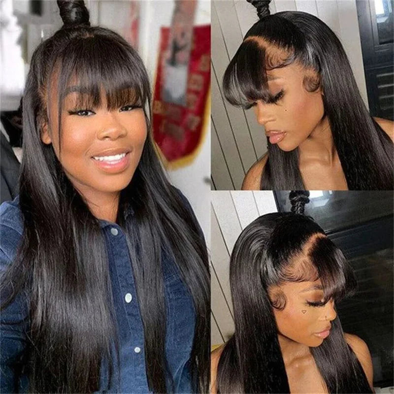 Long Straight Wigs With Bangs Human Hair Fringe 360 Full Lace Front Wig Brazilian Raw Vietnamese Hair Gluless HD Frontal Wigs