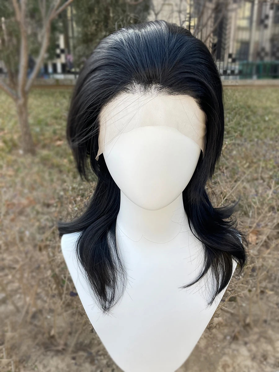 Mullet Cosplay Wigs for Black Women Rocker Men Shoulder Length Synthetic Hair 13X4 Lace Front Wigs Glueless Natural Hairline