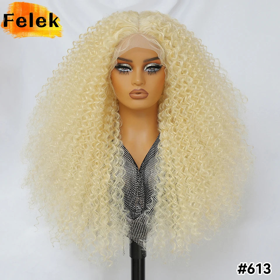 Long Afro Kinky Curly Synthetic Wig 24 Inch Jerry Curl Deep Part Lace Front Wigs For Female Ombre Blue Copper 613 Highlight Wigs