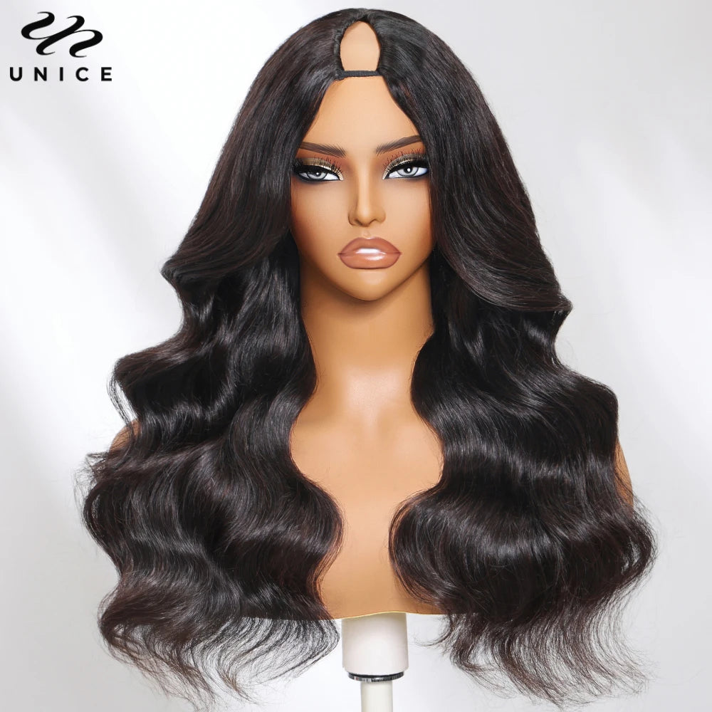 Unice Hair Chestnut Brown Ombre Body Wave V Part Wig With Drawstring Human Hair Glueless Wig Minimal Leave Out Beginner Friendly