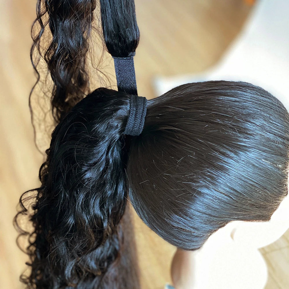 120g Natural Wave Human Hair Wrap Around Ponytail Remy Hair Extensions Brazilian Water Wavy Hair Pieces Natural Color For Women