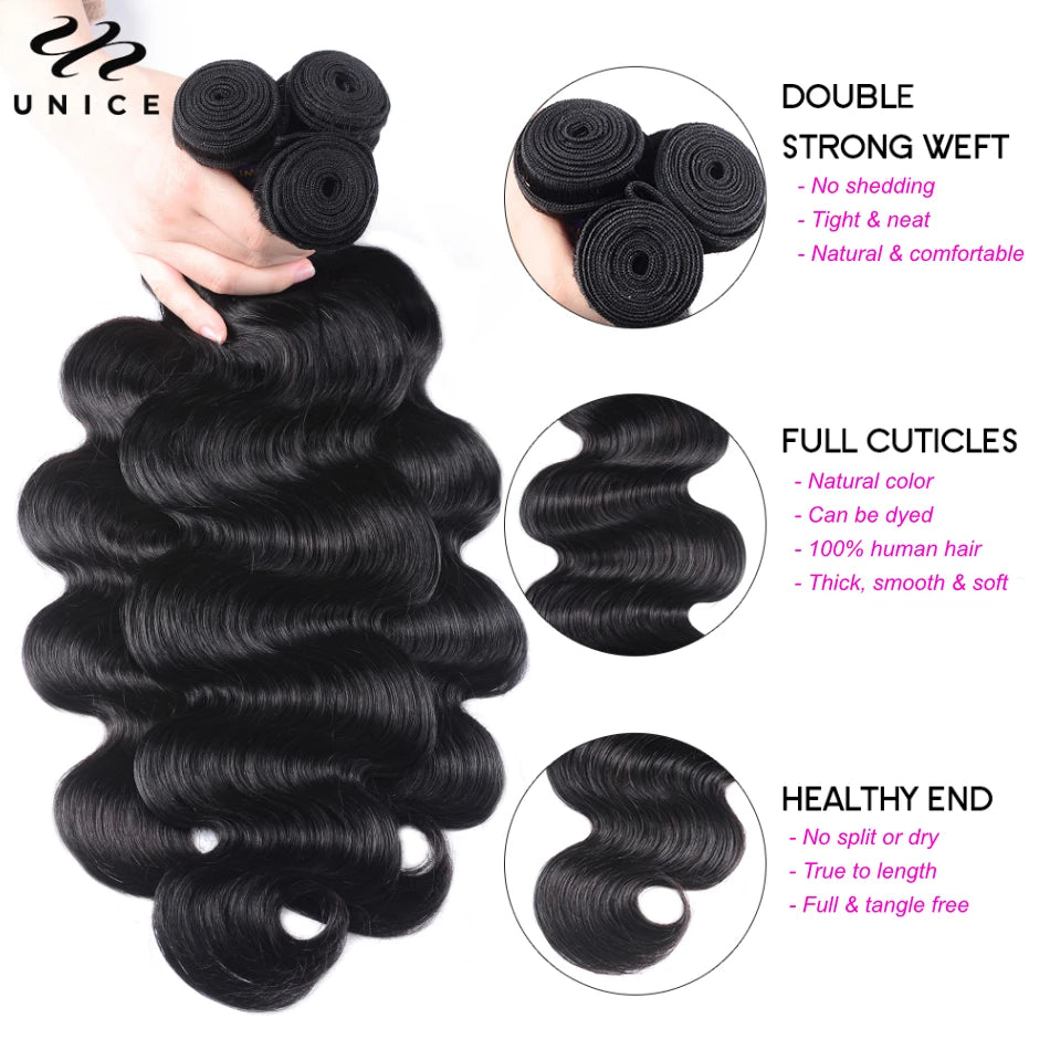 Unice Hair Natural Black Body Wave Bundles 1/3/4 PCS Deal 100% Human Hair Bundles Sew In Bundles Quick Weaves