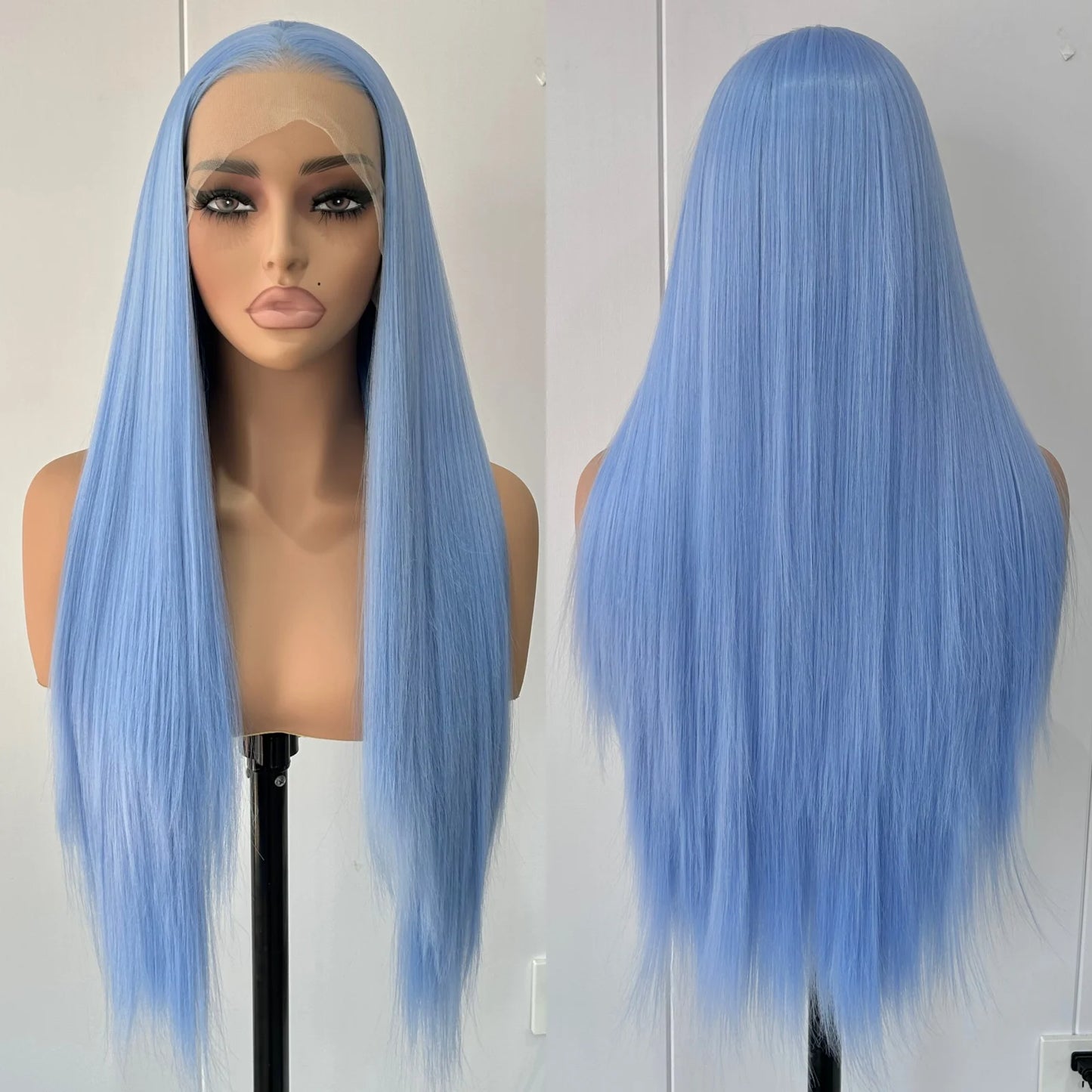 Long Silky Straight Light Blue Synthetic Hair Wigs for Women Free Part Sky Blue Colored Heat Resistant Fiber Cosplay Party Daily
