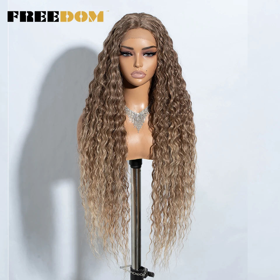 FREEDOM Synthetic Lace Front Wigs 34 Inch Super Long Curly Lace Wigs For Women Ombre Brown Lace Front Cosplay Wigs