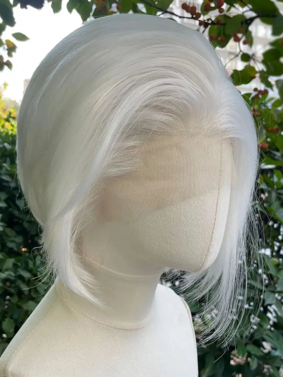 Widow's Peak Short Bob Cut Synthetic Lace Front Wigs for Women Cosplay Wigs for Men White Color Glueless 13x4 Lace Wigs Natural