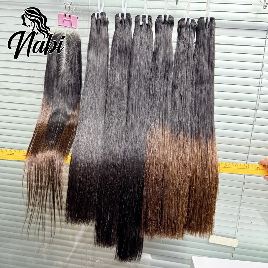 Nabi Natural Vietnamese Human Hair Bundles With 2X6 HD Lace Closure Middle Part 16A Bone Straight for Weaving Wigs