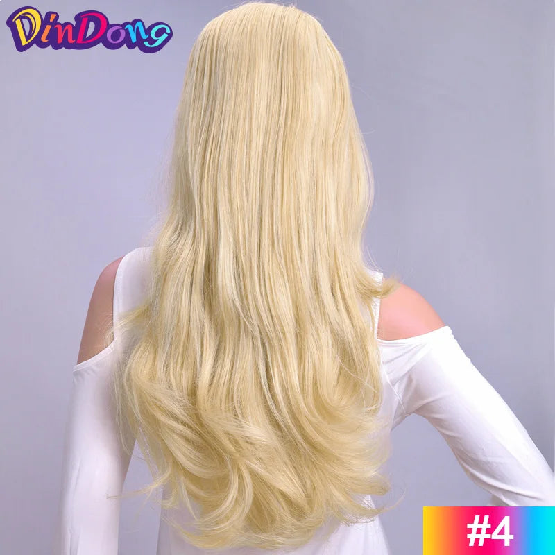 24 Inch Long Wavy Head Tied 3/4 Half Wigs With Clips In, Synthetic Fibers Hair Extension Wigs For Women