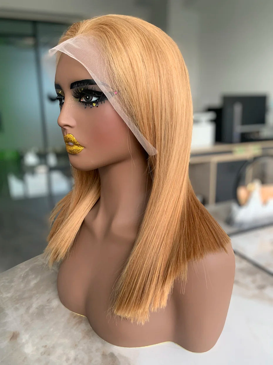Raw Vietnamese 250 Density Human Hair Lace Frontal Wigs Straight 27 Honey Blonde Colored 13x4 Bob Wig Lace Front Human Hair Wigs