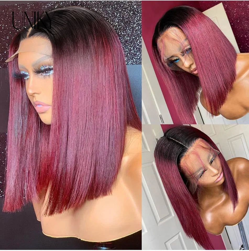 T1B/99j Burgundy Red Straight Bob T Part Lace Front Human Hair Wig For Women Colored Brazilian Remy Hair Natural Wig