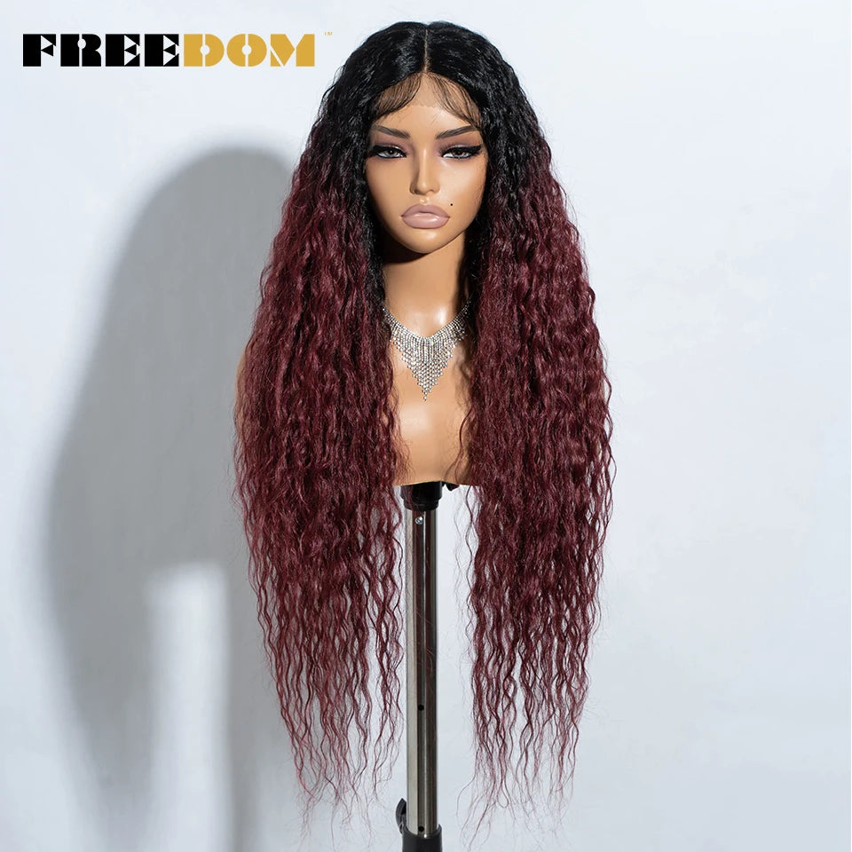 FREEDOM Synthetic Lace Front Wigs 34 Inch Super Long Curly Lace Wigs For Women Ombre Brown Lace Front Cosplay Wigs