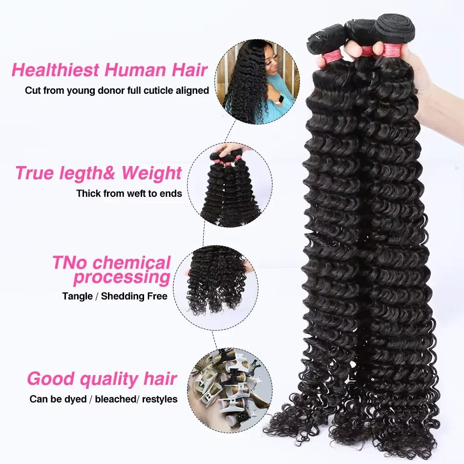 PD 30 32 36 40 Inch Deep Wave Human Hair Bundles Brazilian Remy Unprocessed Weaving Curly Hair Bundles Weave Extensions Deals