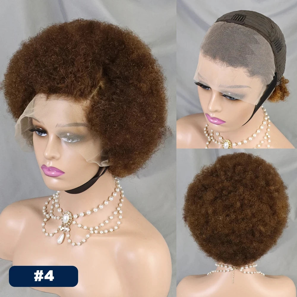 MALAIKA Kinky Curly Short Lace Front Wig 4#Brow Afro Bob Human Hair Natural Hairline 13X4 Lace Frontal Glueless Human Hair Wigs
