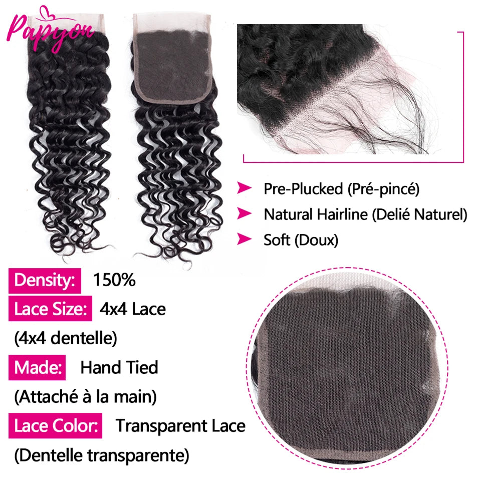 12A Peruvian Water Wave Bundles With 4x4 Closure Human Hair Bundle Jerrly Curly Hair Bundles With Closure Transparent Lace