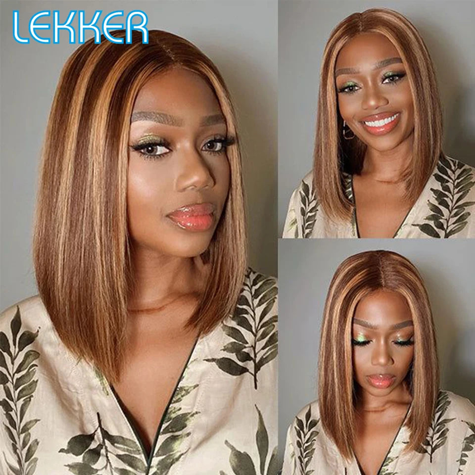 Lekker Highlight Blonde Short Straight Bob 13x6x1 Lace Front Human Hair Wigs For Women Brazilian Remy Hair Colored Glueless Wigs