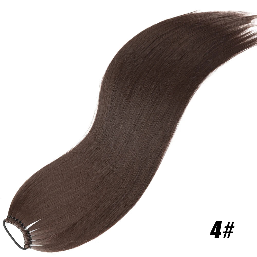 Synthetic 24Inch Ponytail Extensions Black Natural Braided Pony Tail Hairpiece Long Straight Rubber Band Hair For Women