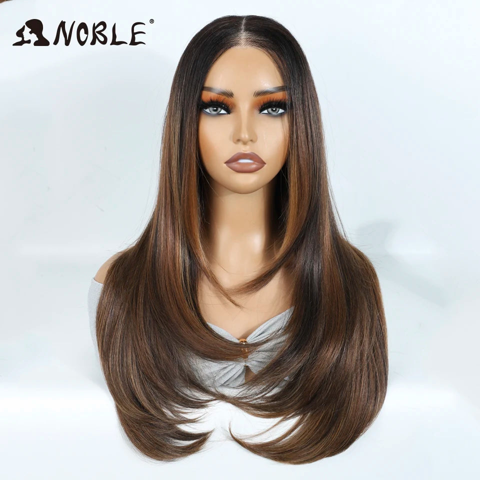 Noble Synthetic Lace Front Wigs For Woman 24 Inch Straight Lace Wig Ombre Brown 6x4 Pre Plucked Pre Cut Wear and Go Glueless Wig