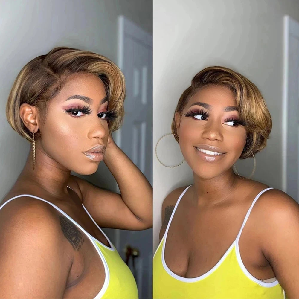 Brown Colored Pixie Cut Short Highlight Lace Human Hair Wigs For Women Ombre Short Brazilian Human Hair Wig Straight Pre Plucked