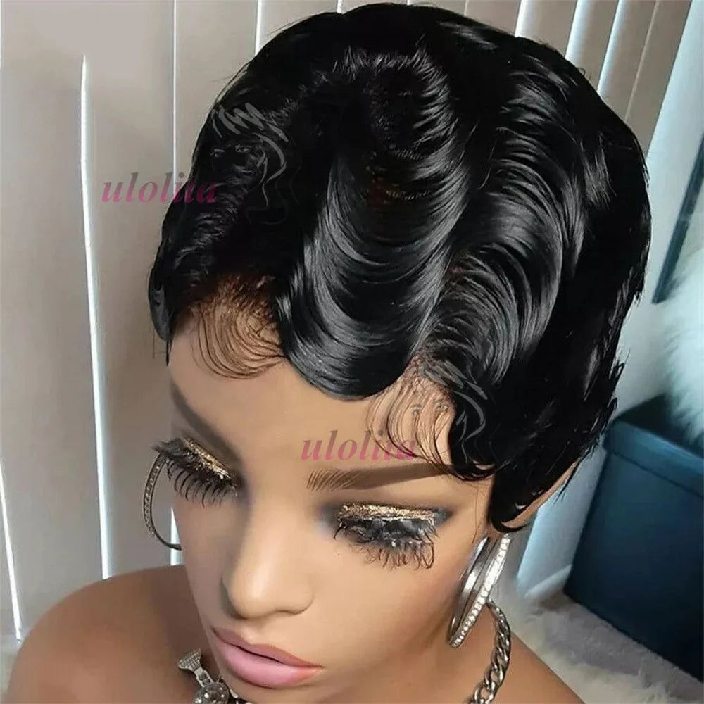 Pixie Cut Finger Wave Short Bob Wigs For Black Women Human Hair Ocean Wave Short Indian Human Hair Wig 13X1 Lace Front wigs