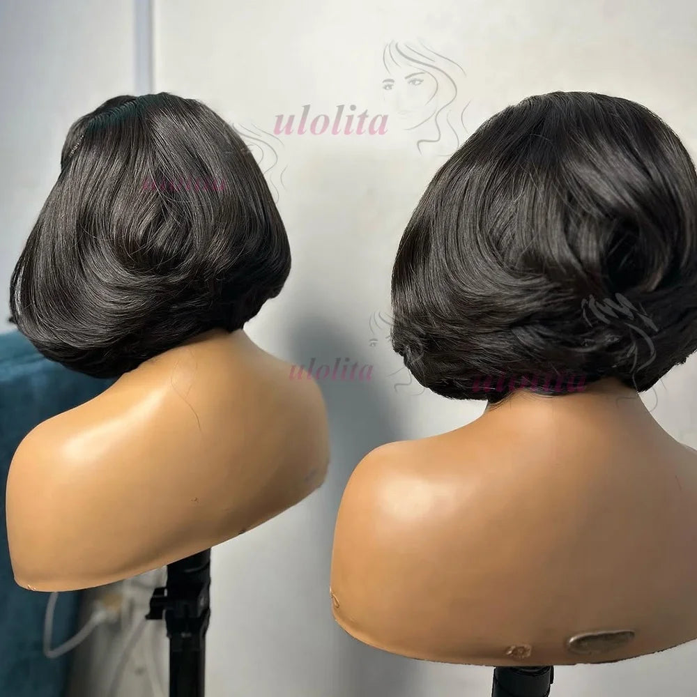 Short straightBob Wigs 13x4 HD Lace Closure Wig Blunt Cut with face framing layers Glueless Human Hair Ombre Chocolate brown wig