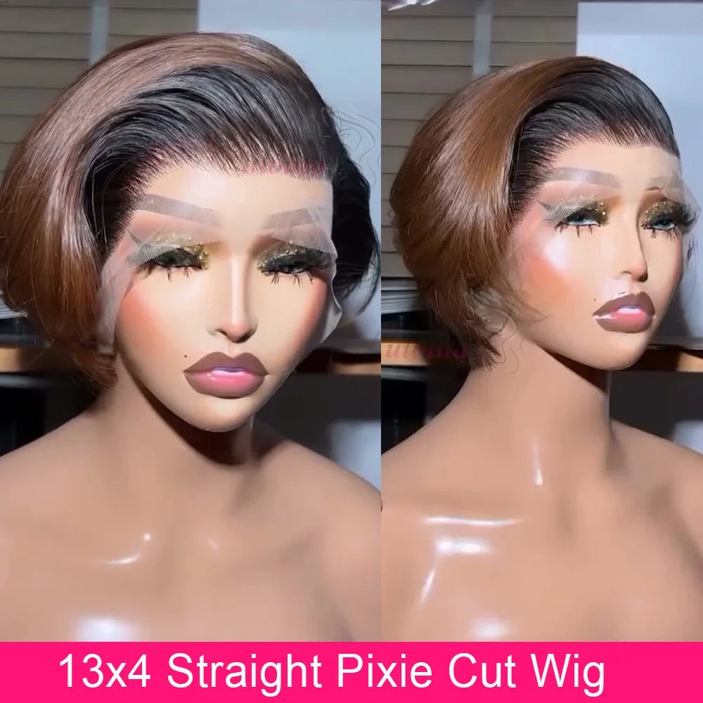 Ombre #1B Brown Short Pixie Cut Wigs For Women Human Hair 200% Straight Chocolate brown Lace Front Bob Wig Brazilian Remy Hair
